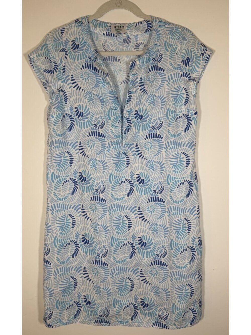 HIHO Tortola BVI blue white linen shift embroidered fish resortwear dress S